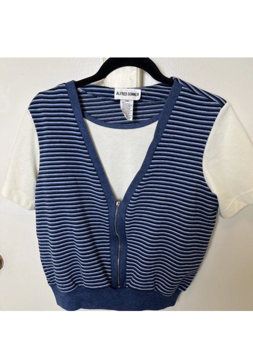 Alfred Dunner Blue Striped Zip Front Blouson Top Petite Medium
